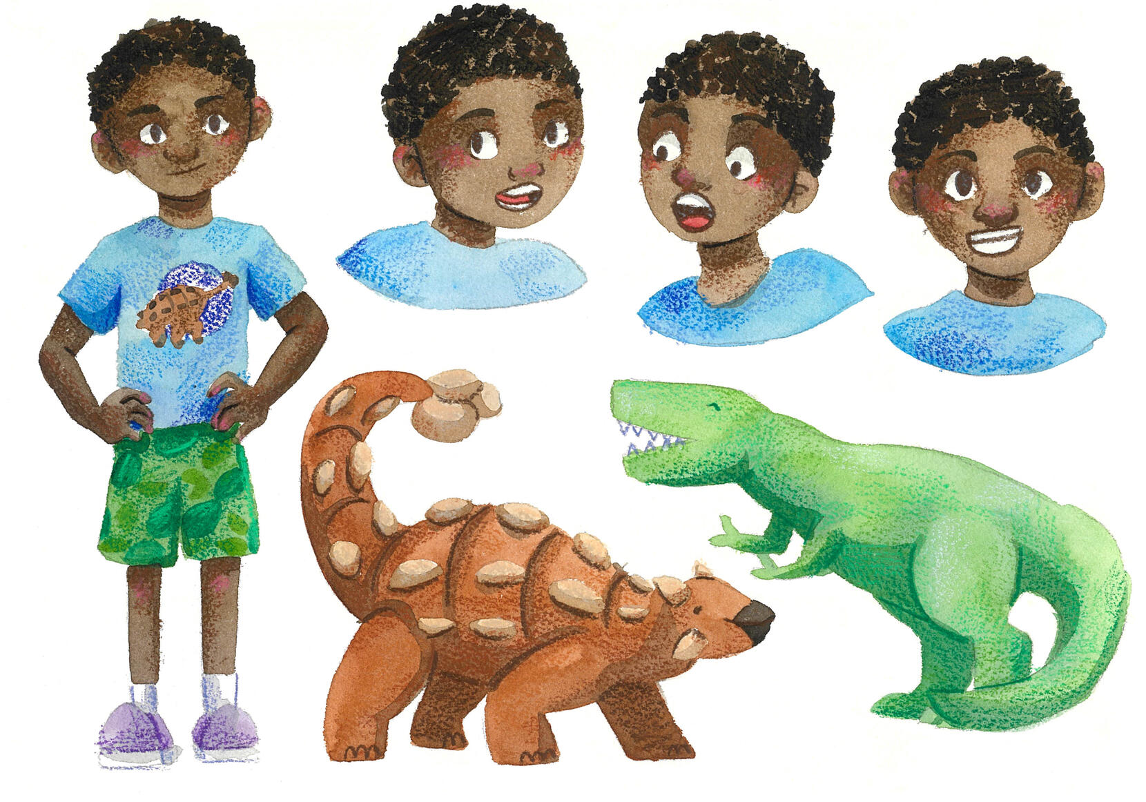 Boy and Dinosaur Character Sheet - watercolour and coloured pencil on paper
