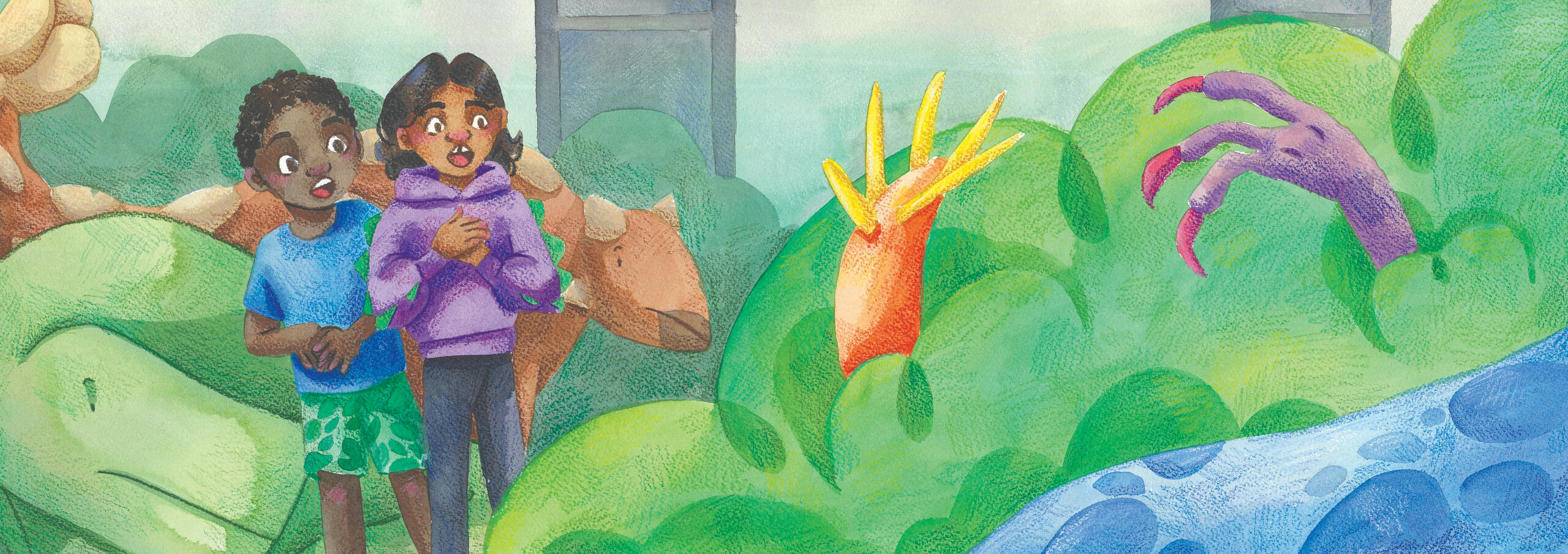 Full Spread of Dinosaur Picture book - watercolour and pencil on paper