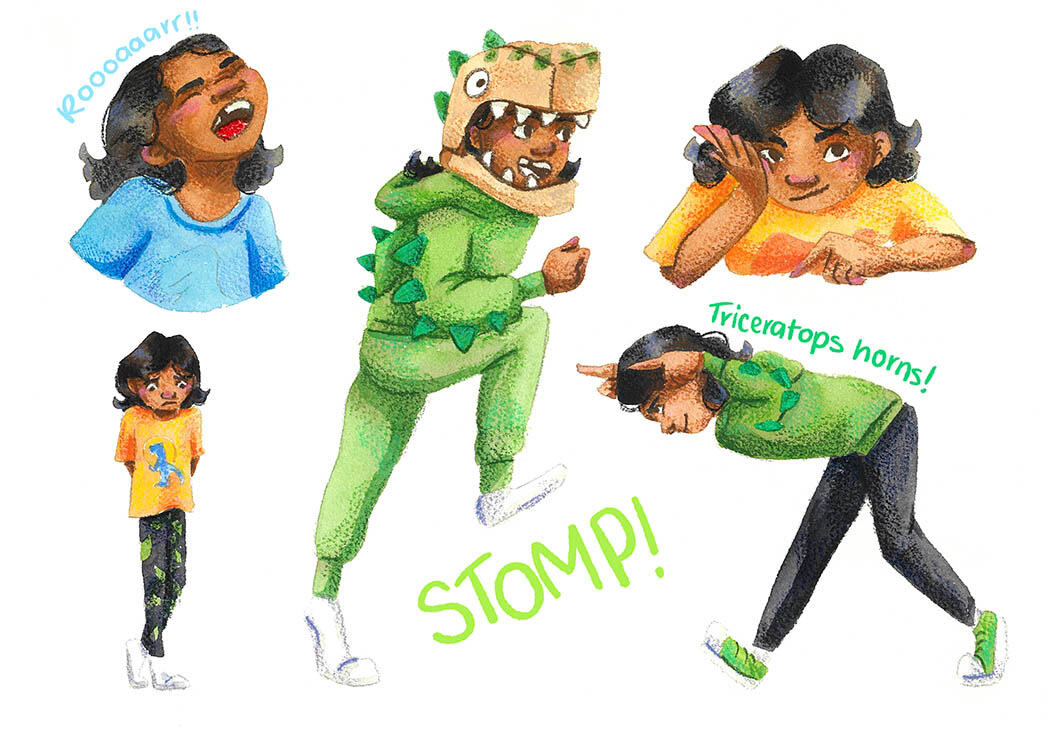 Dinosaur Girl Action Poses - watercolour and coloured pencil on paper