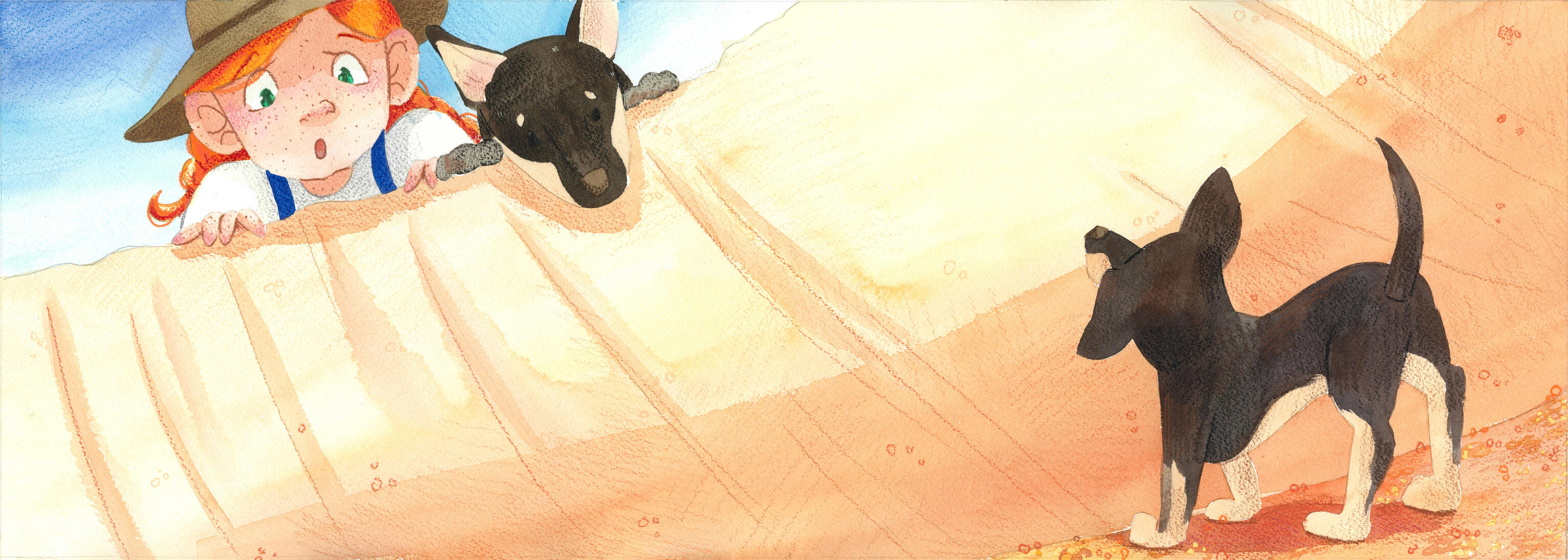 Finding the Puppy - double spread from Anne of the Outback (watercolour and pencil)