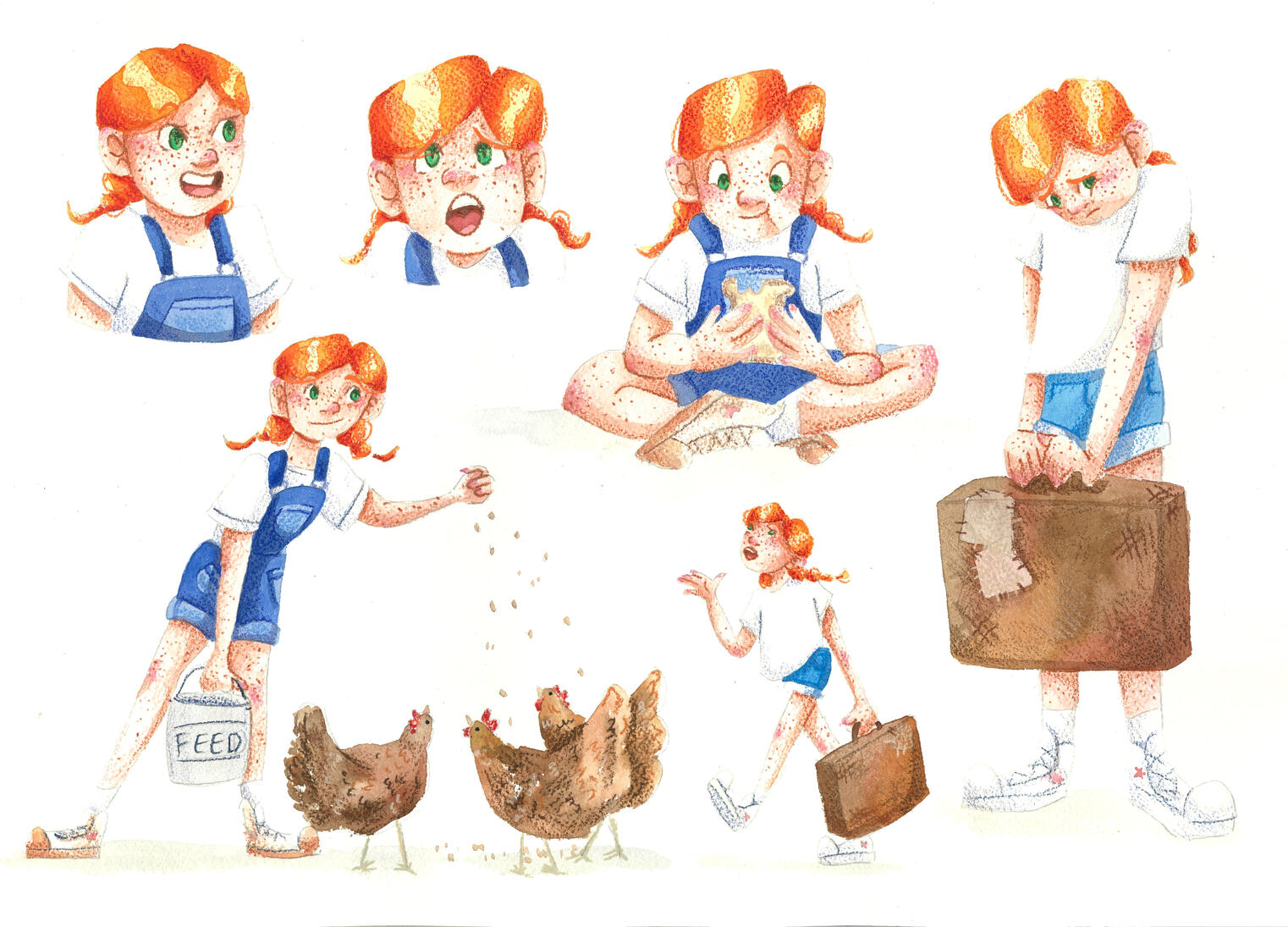 Anne Action poses - character concept for Anne of the Outback (watercolour and pencil)