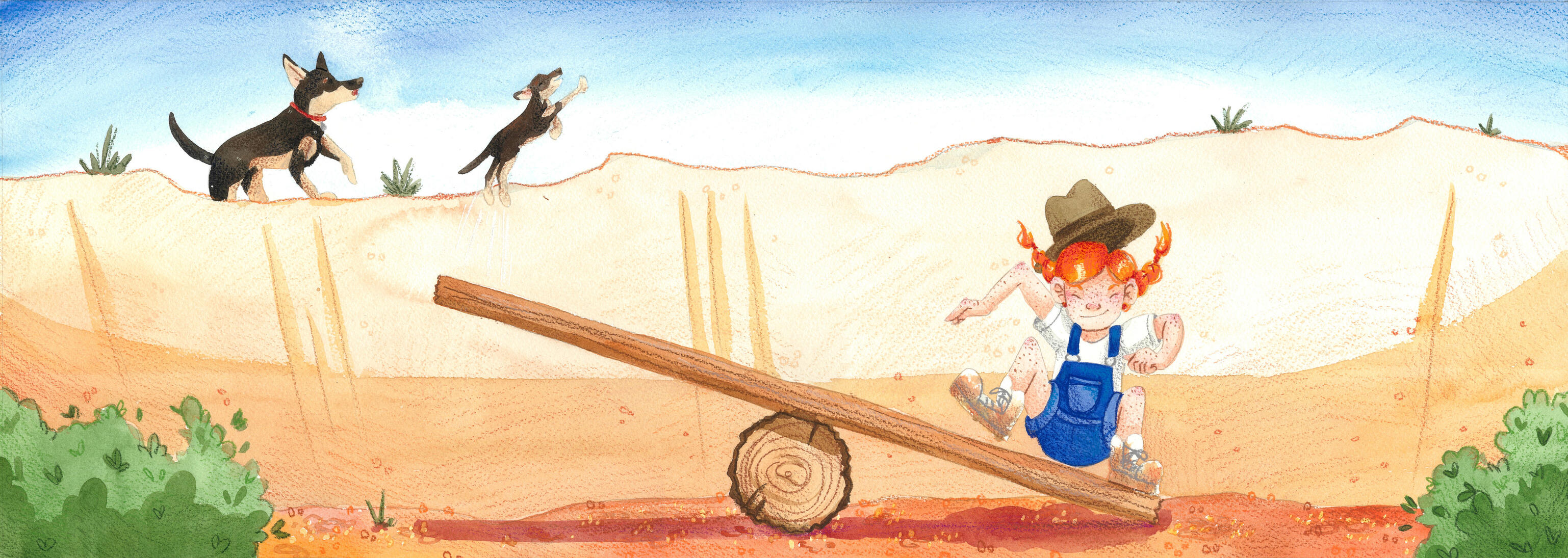 Flying Puppy! - double spread from Anne of the Outback (watercolour and pencil)