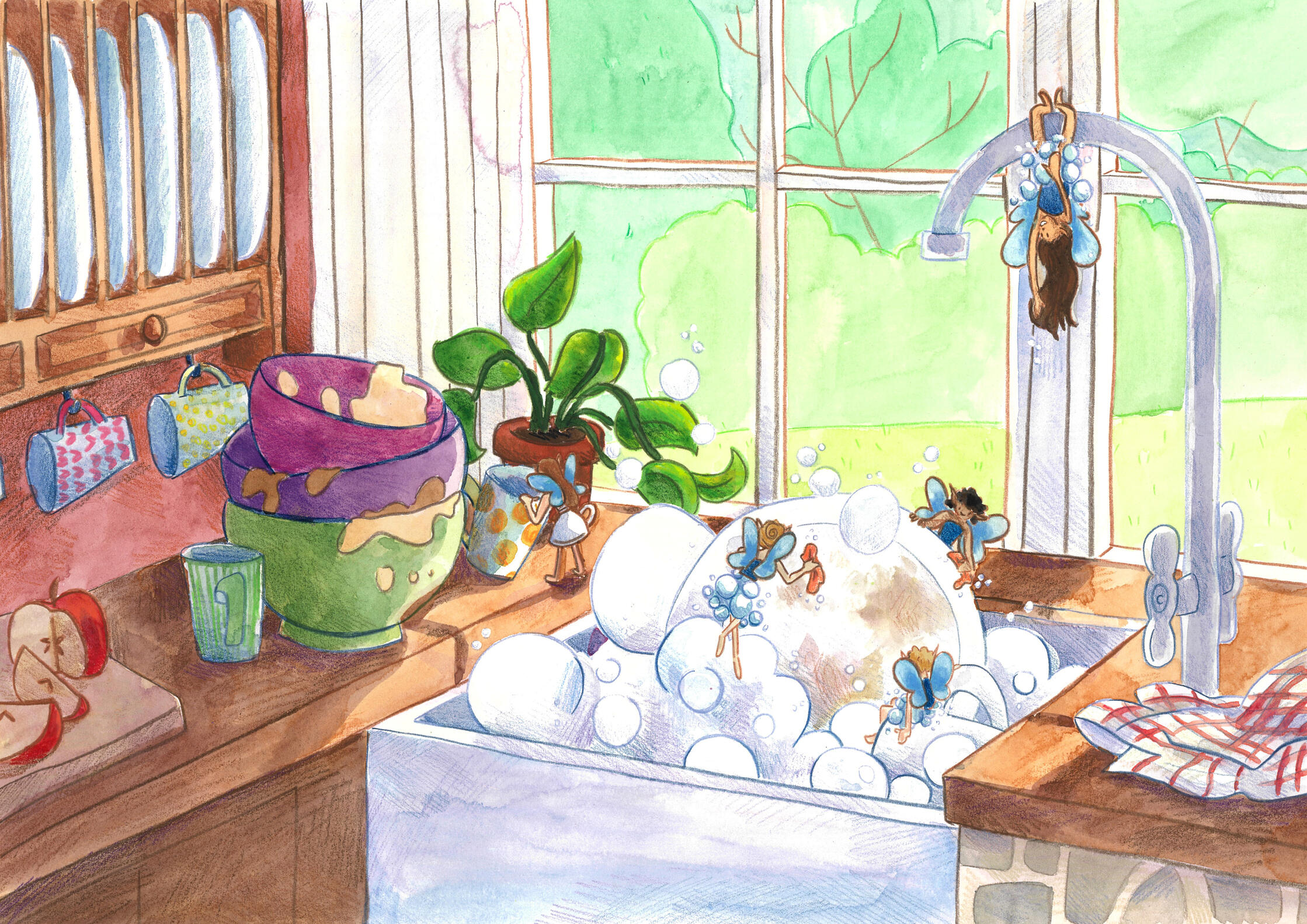 Doing Dishes - Entry to Bologna Children’s Bookfair Illustrators Exhibition 2026 (watercolour and pencil)