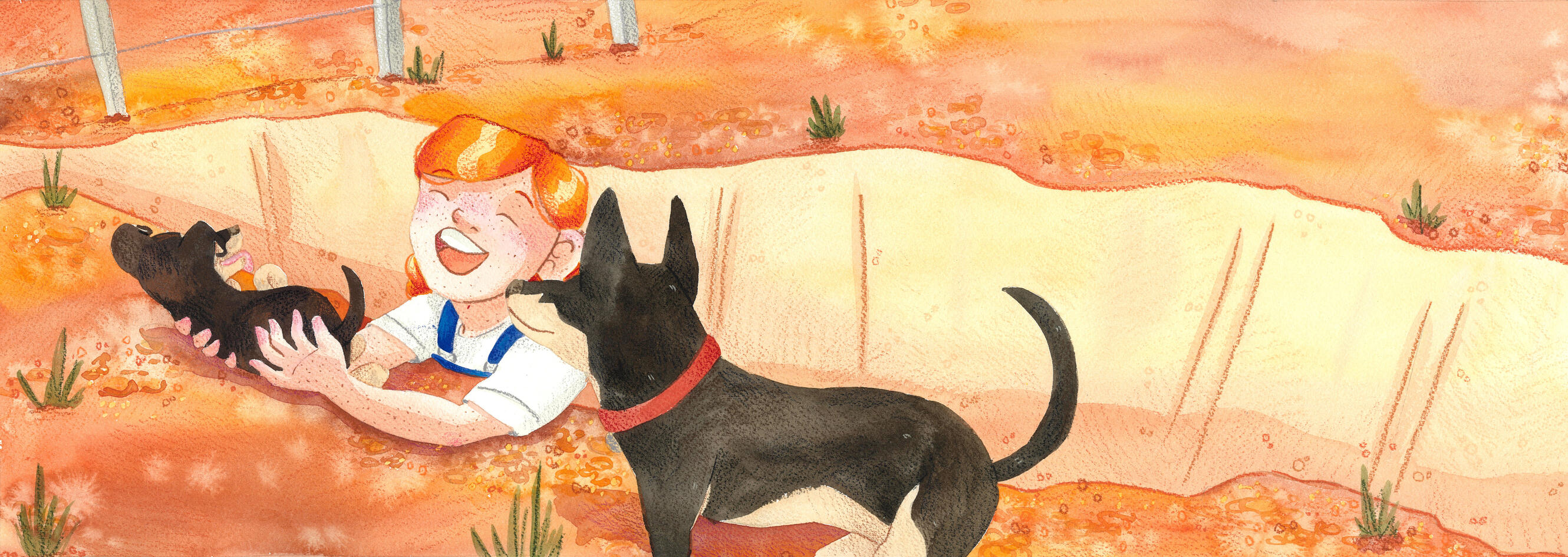 The Rescue - Watercolour and pencil double spread from Anne of the Outback picturebook