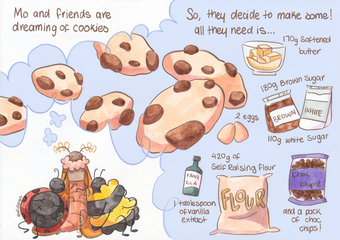 Let's Bake Cookies Ingredients Double Spread - Watercolour and Coloured Pencil Illustration
